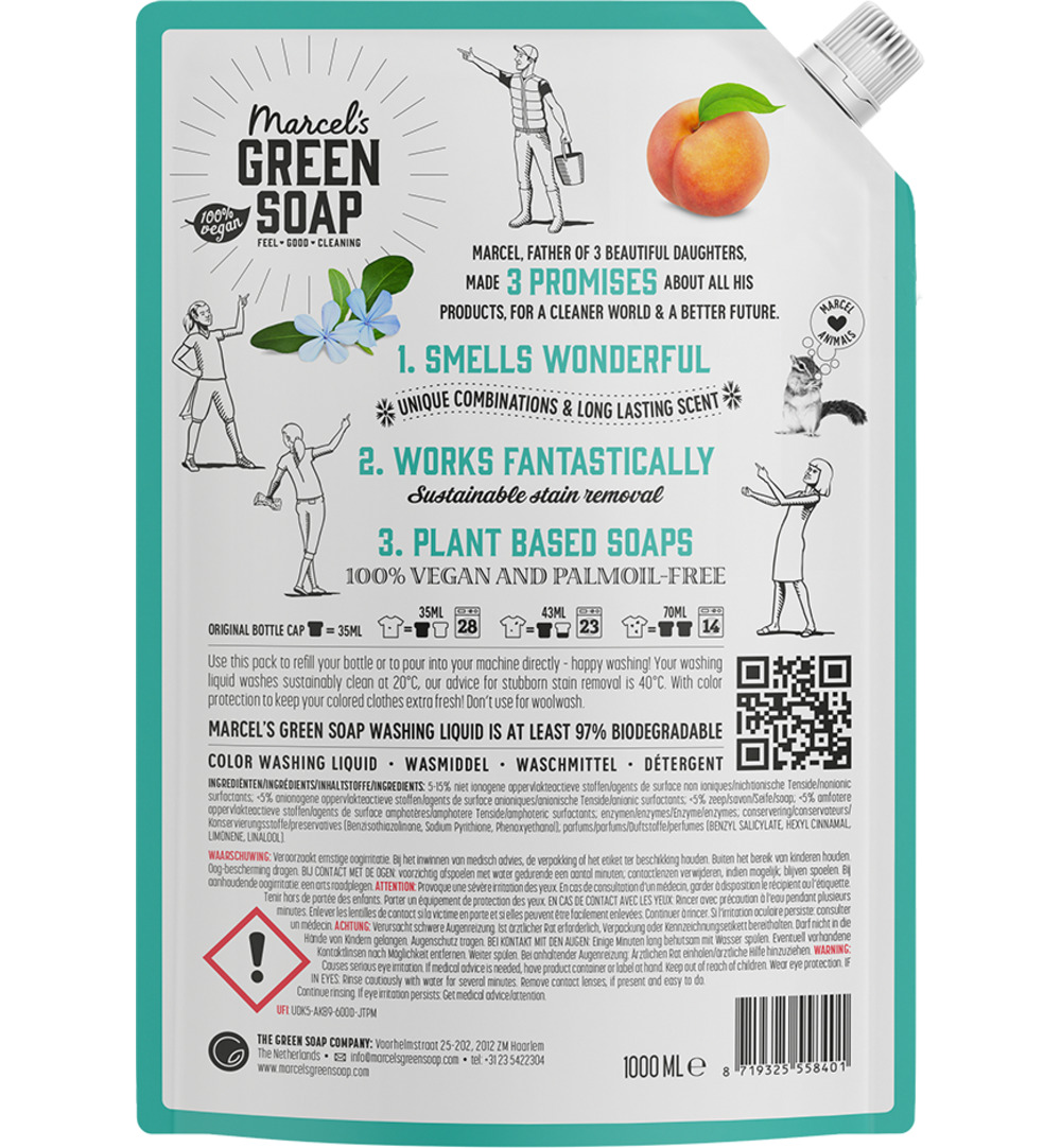 Marcel's Green Soap Wasmiddel Kleur Peach & Jasmine Navulling (1000 ml)
