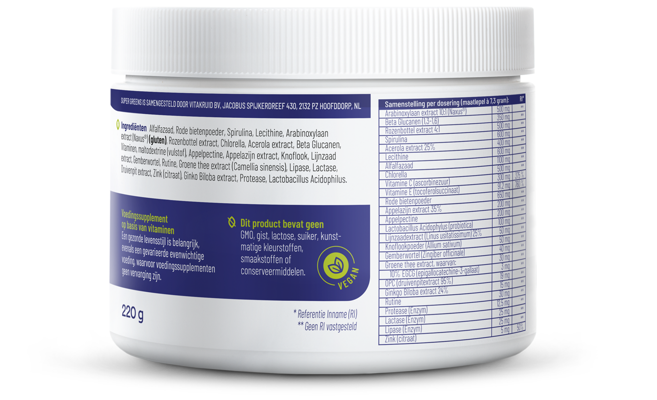 Vitakruid Super Greens 25 Nutrienten Oa Probiotica & Enzymen (220 gr) - image 2