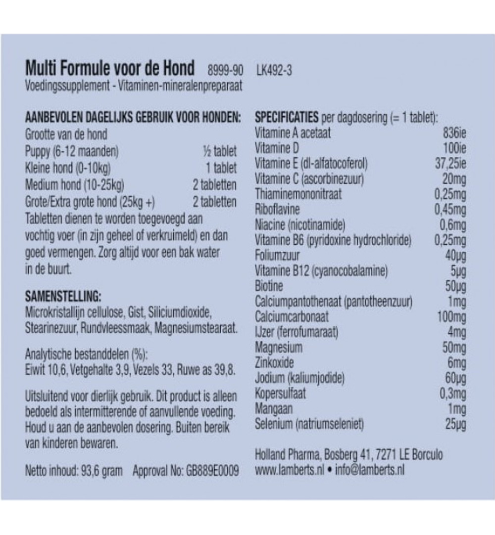 Lamberts Multi Formule Voor Dieren Hond (90 Tabletten)