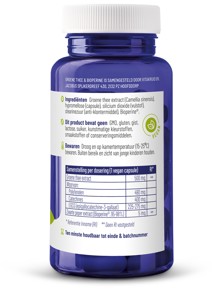 Vitakruid groene Thee & Bioperine® >50% Egcg >80% Catechines (60 vega capsules) - image 2